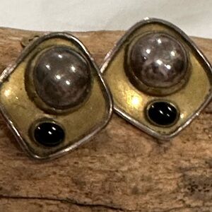 Handcrafted Artisan Brass Clip-On Earrings Black Onyx & Silver Tone Wearable Art